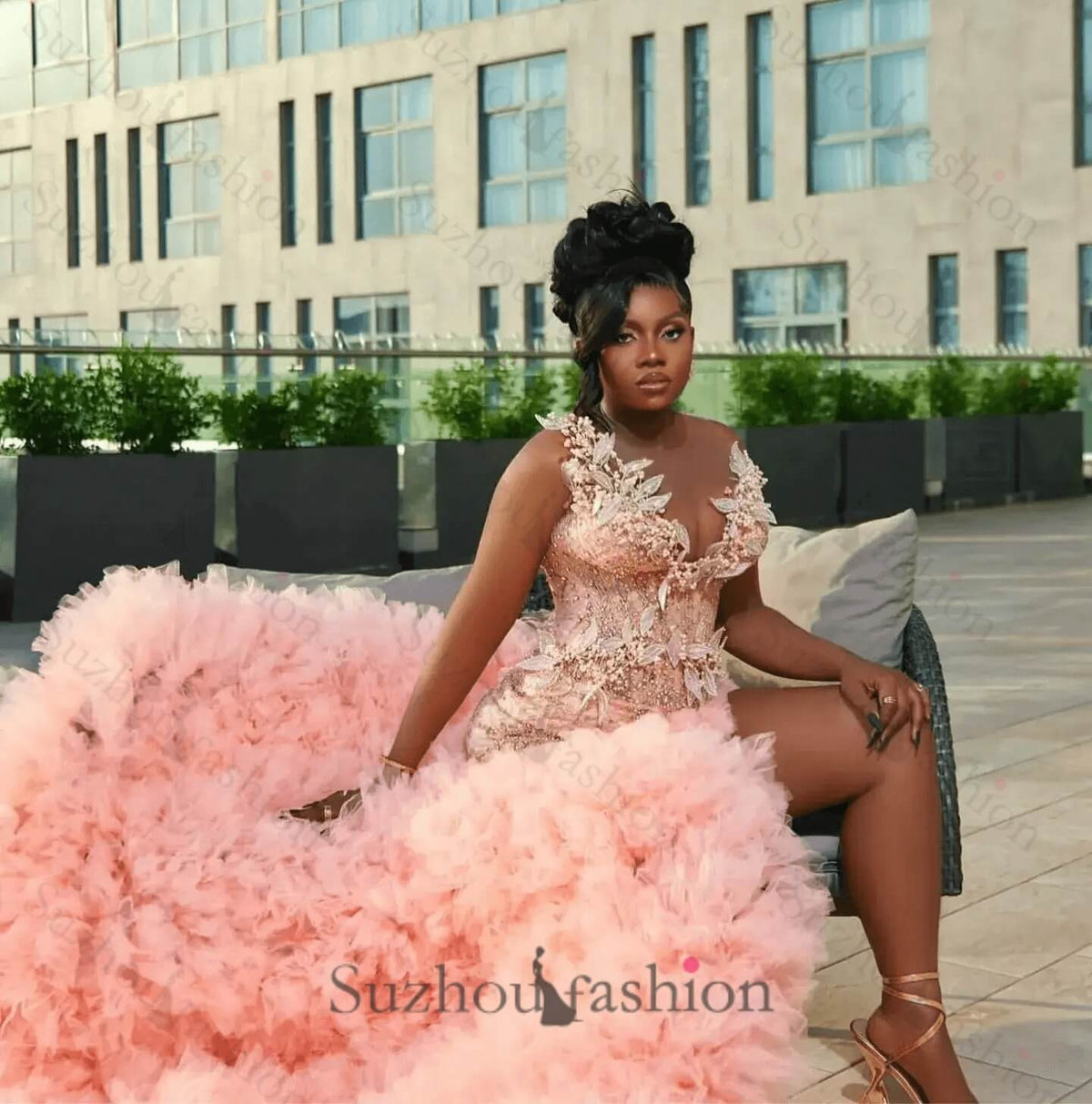 Pink Mermaid Illusion Crew Neck Prom Dress Ruffled Beaded Pearls Formal Dress With Slit