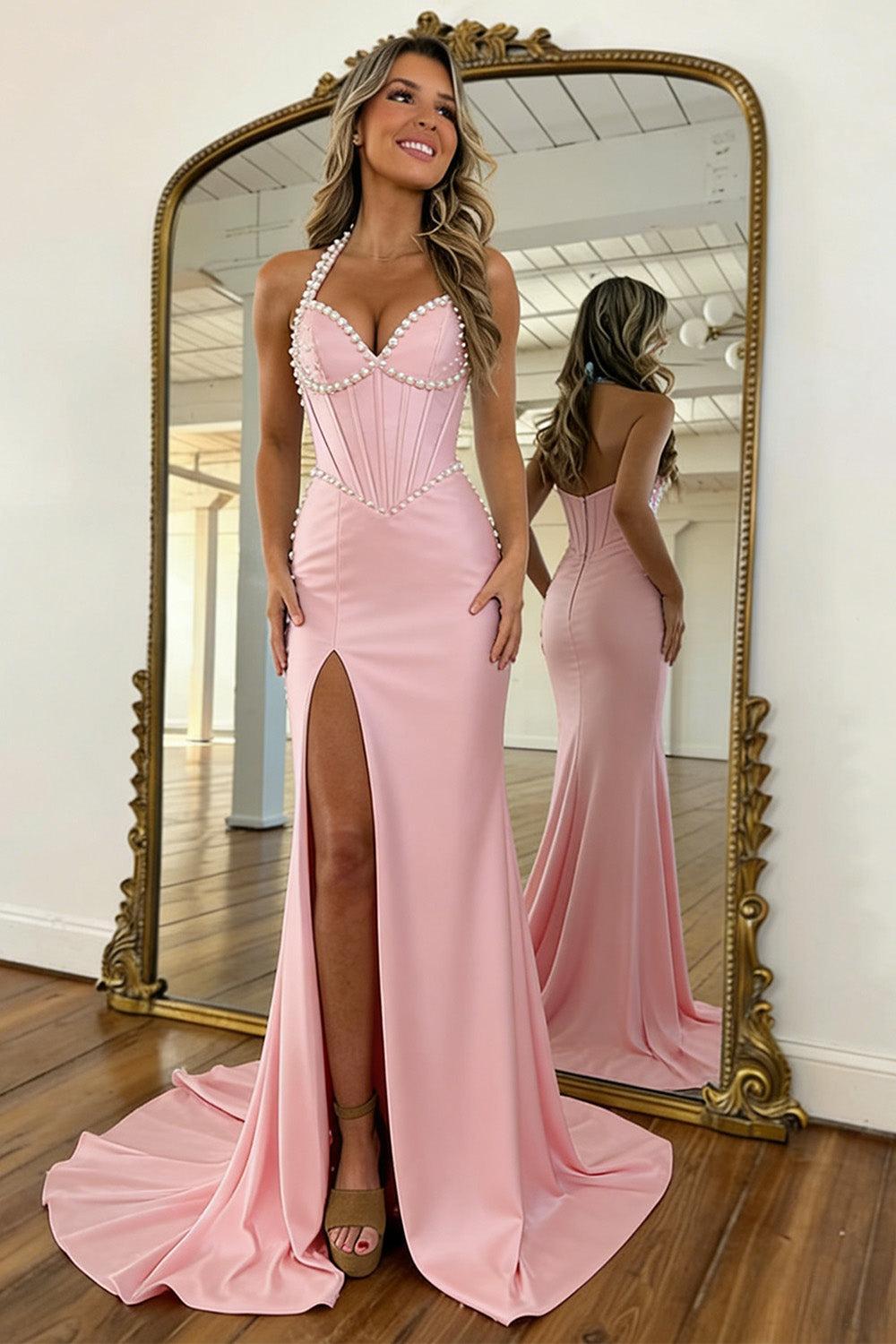 Suzhoufashion Pink Pearl Trim Mermaid Corset Prom Dress With Halter Neck And High Slit Formal Evening Gown