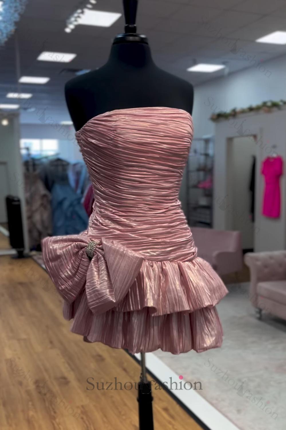Pink Pleated A Line Homecoming Dresses Short Cocktail Dresses With Bow