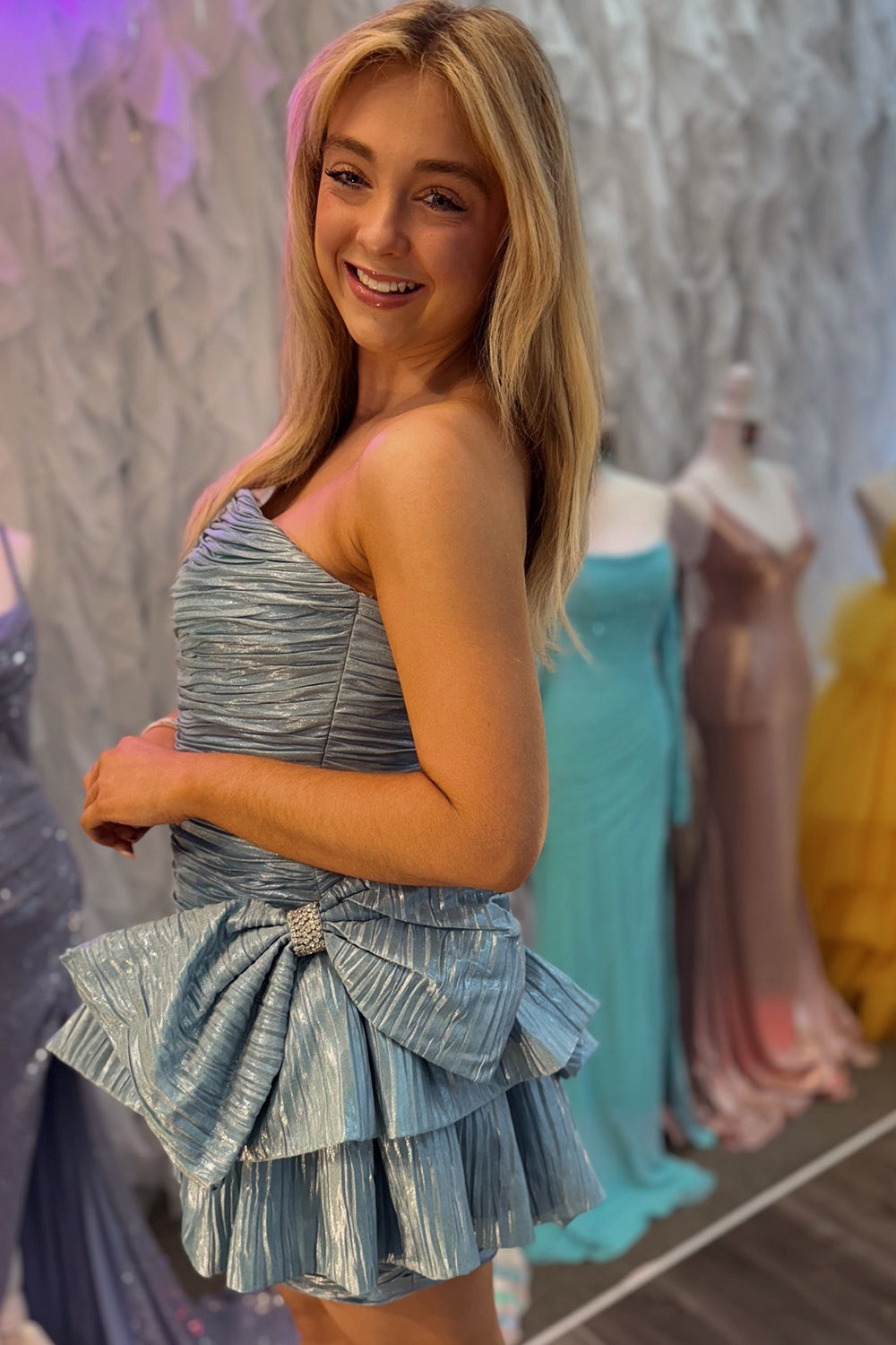 Pink Pleated A Line Homecoming Dresses Short Cocktail Dresses With Bow