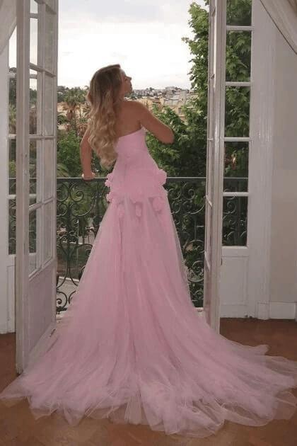 Pink Prom Dress 3D Flowers Strapless Mermaid Formal Dress With Side Slit