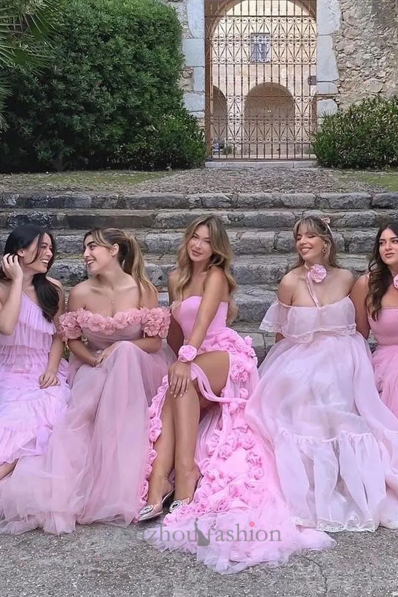 Pink Prom Dress 3D Flowers Strapless Mermaid Formal Dress With Side Slit