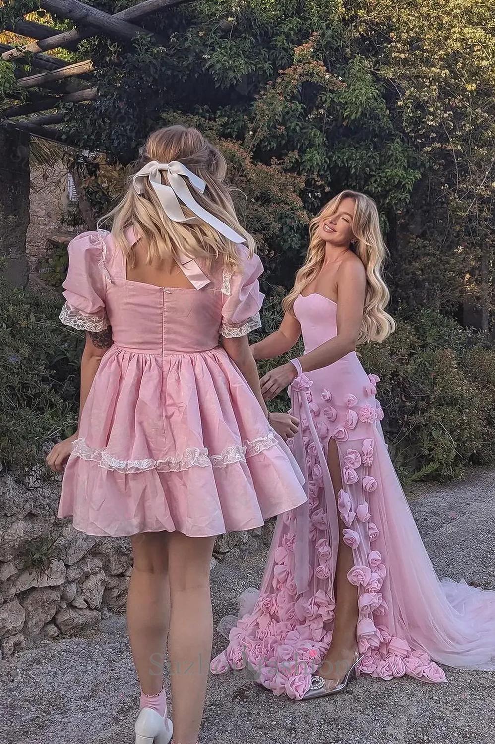 Pink Prom Dress 3D Flowers Strapless Mermaid Formal Dress With Side Slit