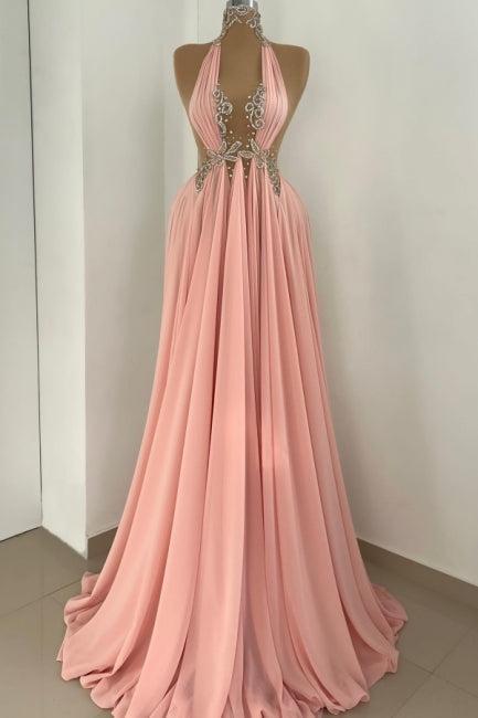 Pink Prom Dress A Line Halter High Neck Beaded Sleeveless Floor Length Chiffon Formal Dress