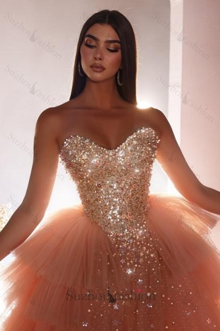 Pink Prom Dress A Line Princess Tulle Beading Sleeveless Formal Dress With Pearls