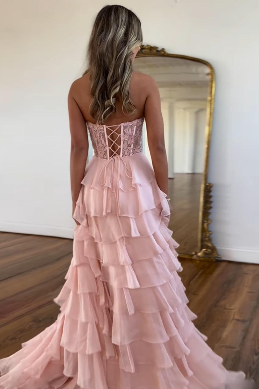 Pink Prom Dress A-Line Tiered Chiffon Long Formal Dress With Lace
