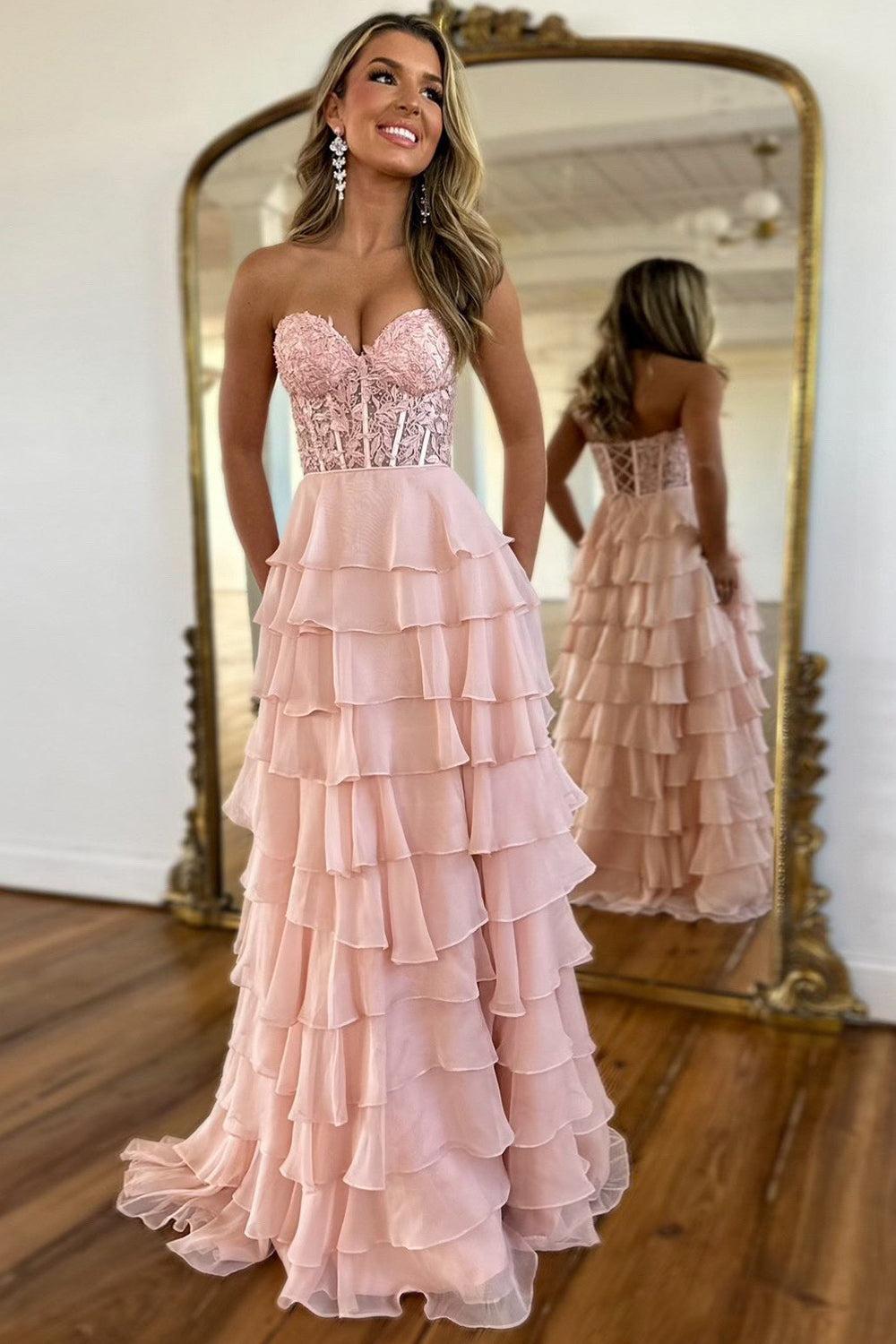 Pink Prom Dress A-Line Tiered Chiffon Long Formal Dress With Lace