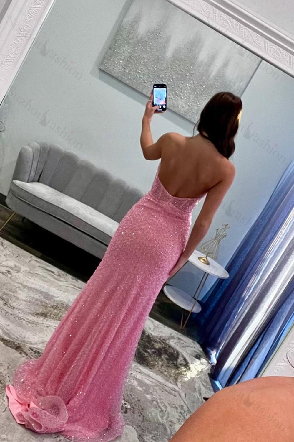 Pink Prom Dress Corset Strapless Formal Dress With Slit