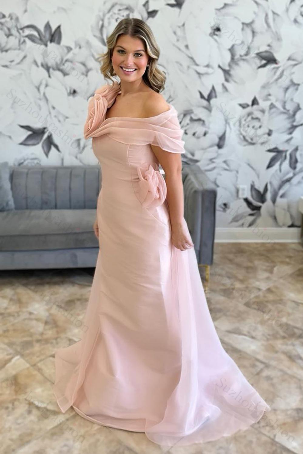 Pink Prom Dress Flowers Mermaid Asymmetrical Neck Long Formal Dress