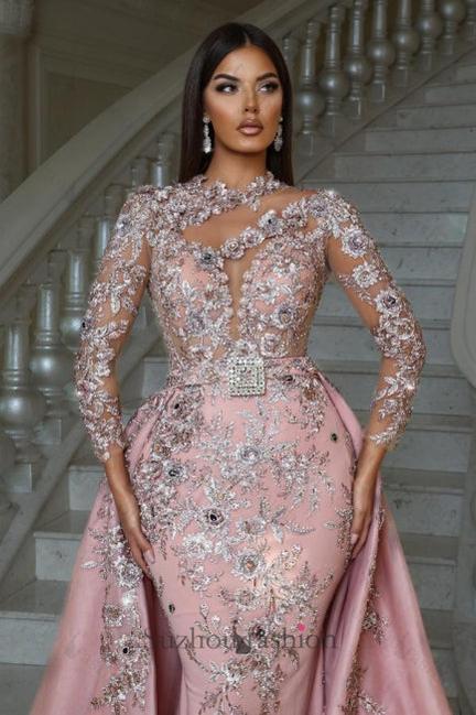 Pink Prom Dress High Neck Long Sleeve Detachable Panel Train Formal Dress