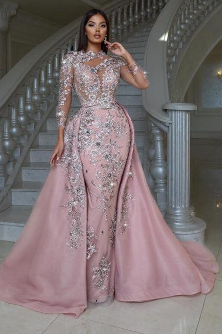 Pink Prom Dress High Neck Long Sleeve Detachable Panel Train Formal Dress