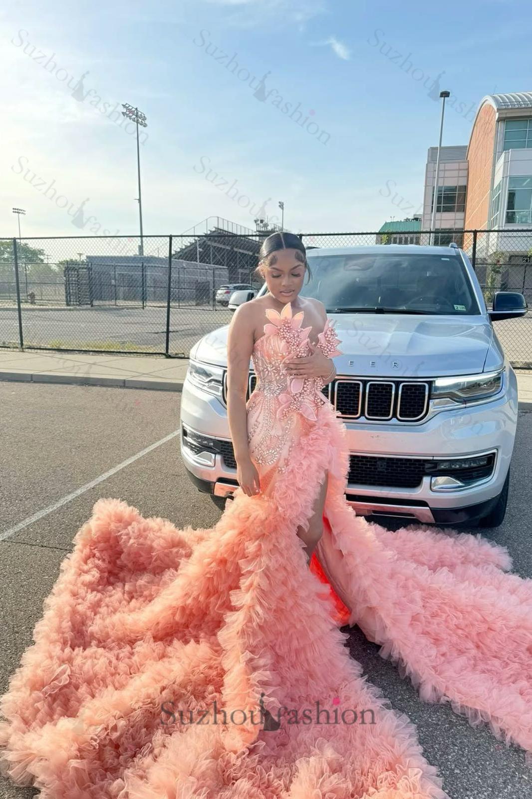 Pink Prom Dress Mermaid Sleeveless Beading Pearls Formal Dress With Slit