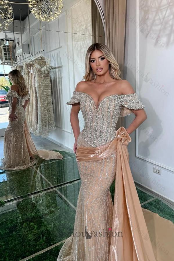 Pink Prom Dress Mermaid Sweetheart Off The Shoulder Sequined Panel Train Tulle Formal Dress