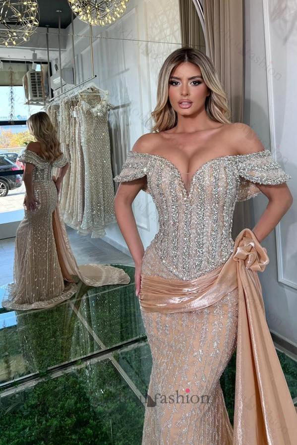 Pink Prom Dress Mermaid Sweetheart Off The Shoulder Sequined Panel Train Tulle Formal Dress