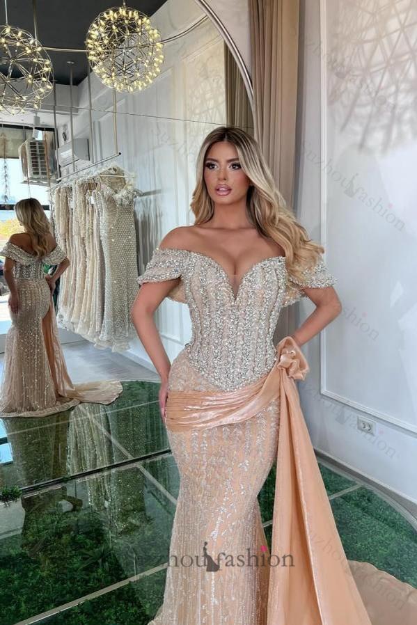 Pink Prom Dress Mermaid Sweetheart Off The Shoulder Sequined Panel Train Tulle Formal Dress