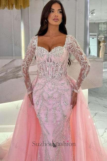 Pink Prom Dress Mermaid Sweetheart Sleeves Beaded Tulle Formal Dress With Panel Train