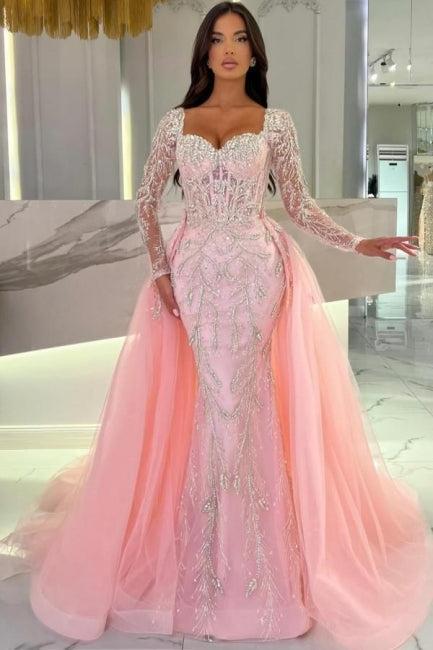 Pink Prom Dress Mermaid Sweetheart Sleeves Beaded Tulle Formal Dress With Panel Train