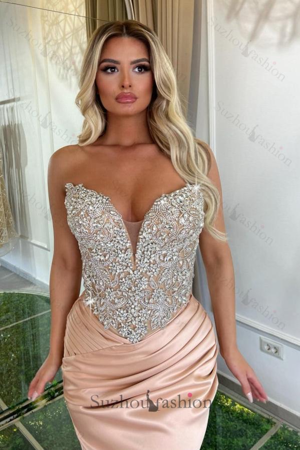 Pink Prom Dress Mermaid V Neck Strapless Lace Satin Formal Dress With Rhinestones