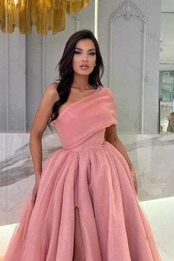 Pink Prom Dress One Shoulder Sleeveless Long A Line Evening Formal Dress With Front Split