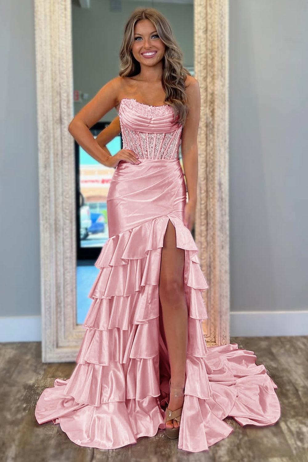 Pink Prom Dress Ruffled Mermaid Long Satin Formal Dress With Slit