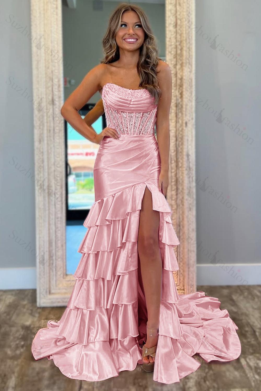 Pink Prom Dress Ruffled Mermaid Long Satin Formal Dress With Slit
