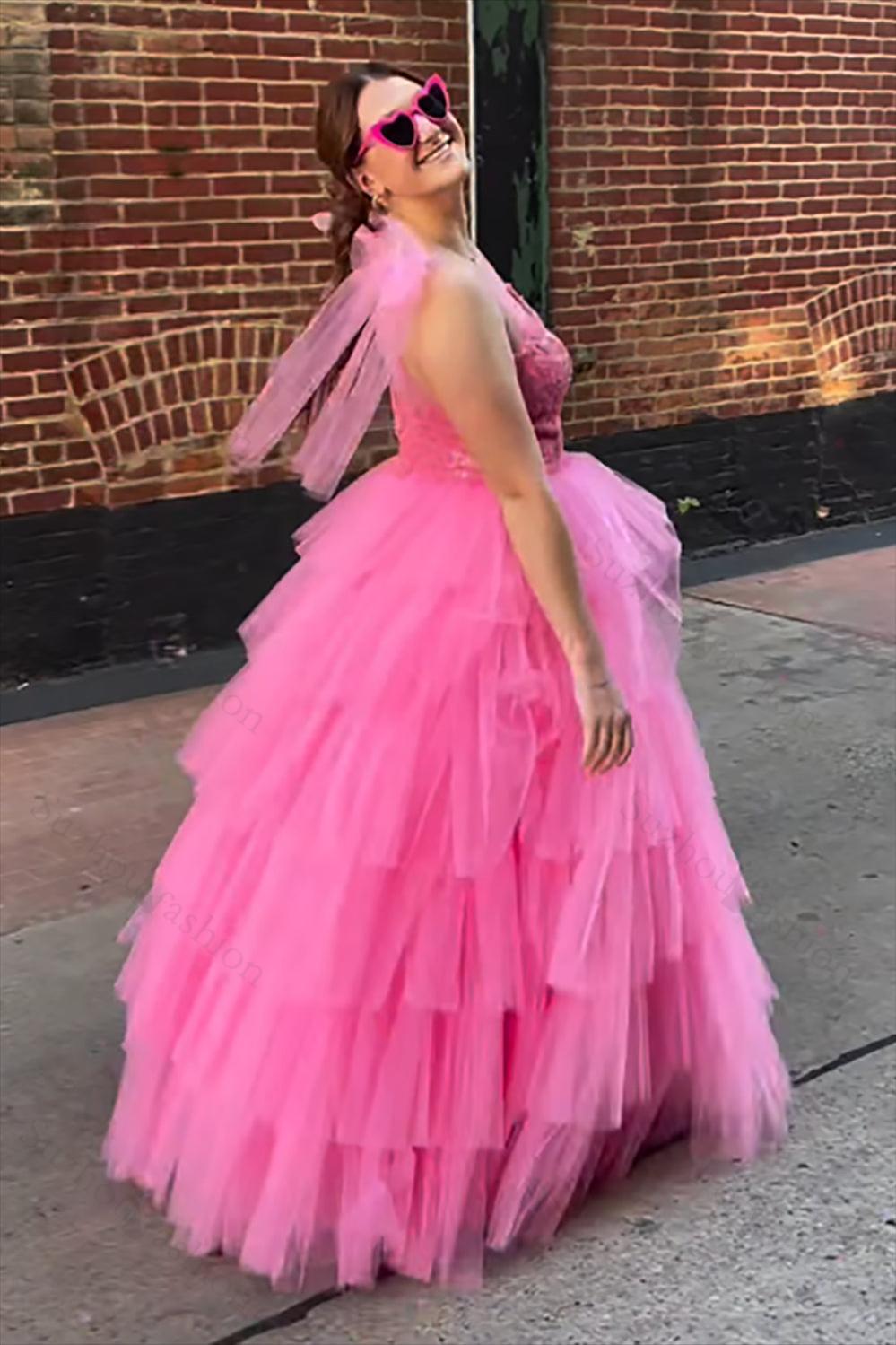 Pink Prom Dress Ruffled V-Neck Tiered Pretty Formal Dress