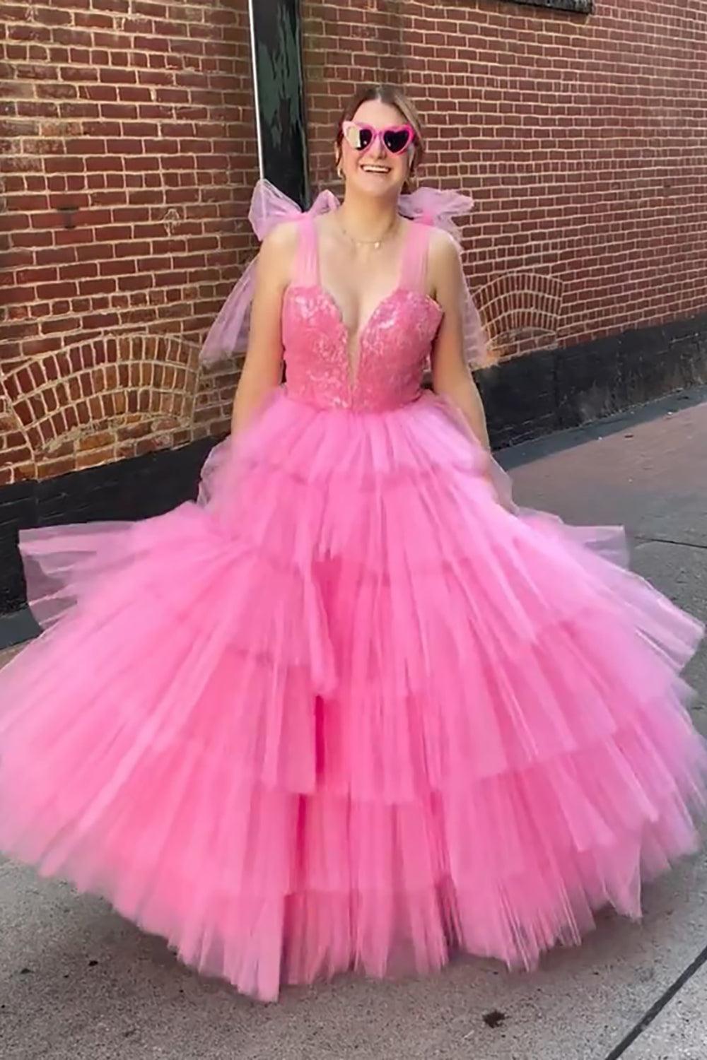 Pink Prom Dress Ruffled V-Neck Tiered Pretty Formal Dress