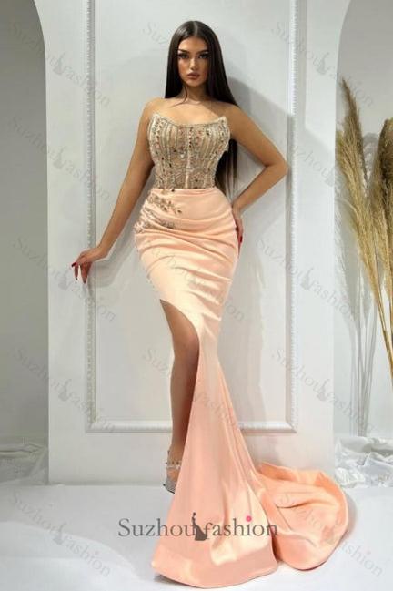 Pink Prom Dress Sleeveless Beaded Satin Slit Panel Train Formal Dress With Rhinestones