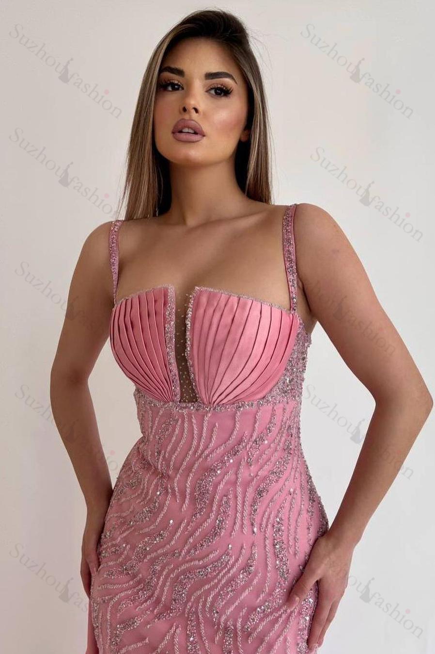Pink Prom Dress Spaghetti Strap Sequined Beaded Mermaid Evening Formal Dress With Ruffled