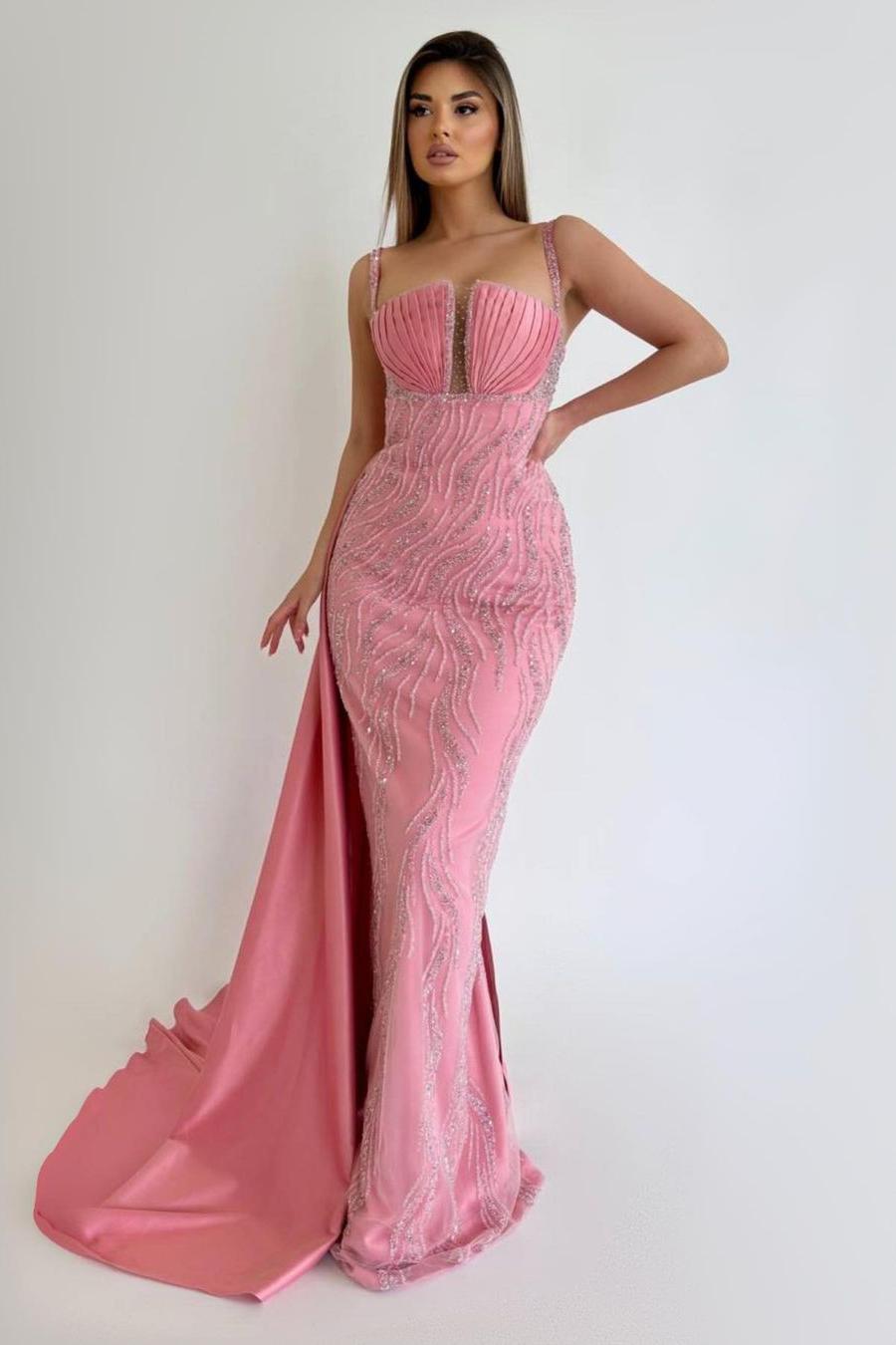Pink Prom Dress Spaghetti Strap Sequined Beaded Mermaid Evening Formal Dress With Ruffled