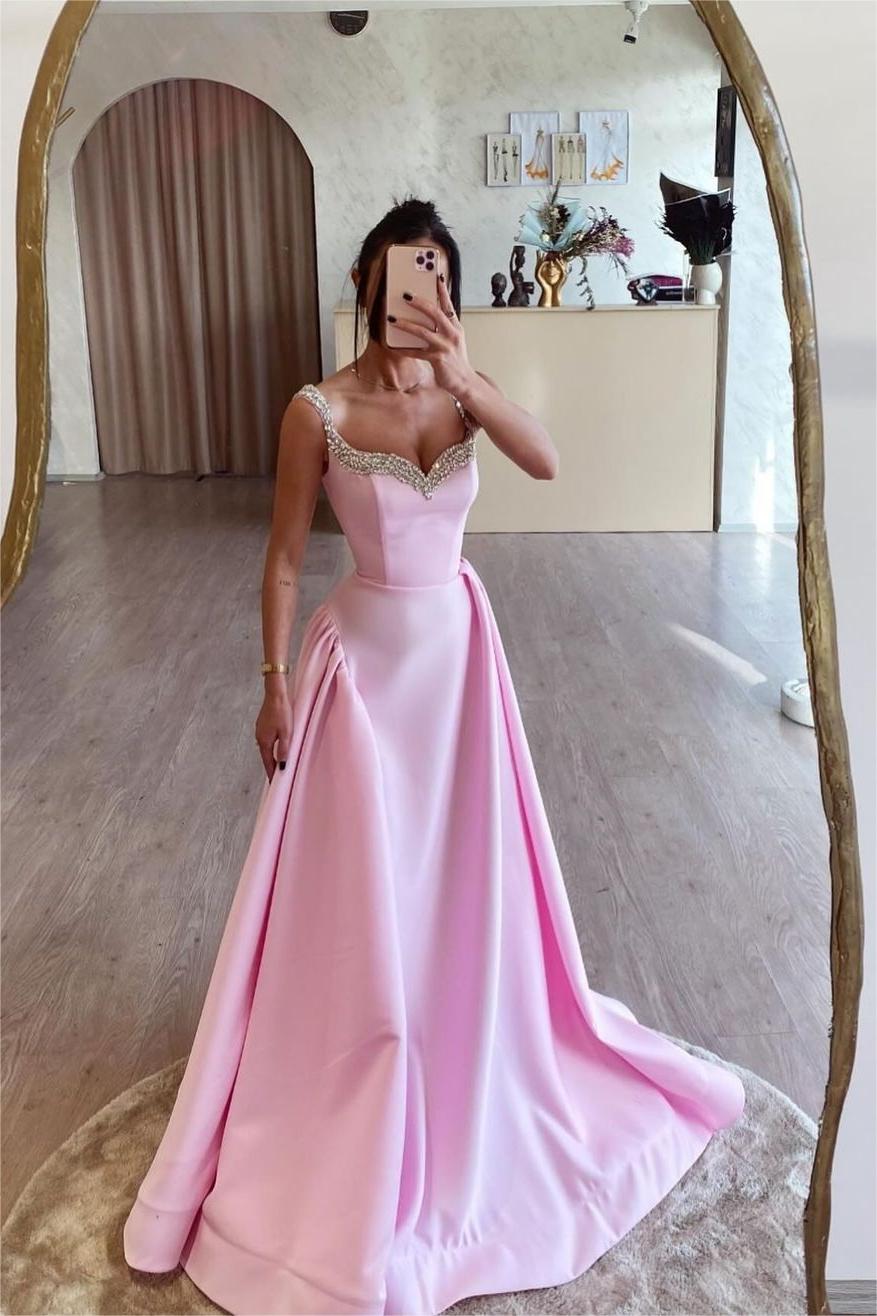 Pink Prom Dress Spaghetti Strap Sleeveless A Line Long Evening Formal Dress With Beading