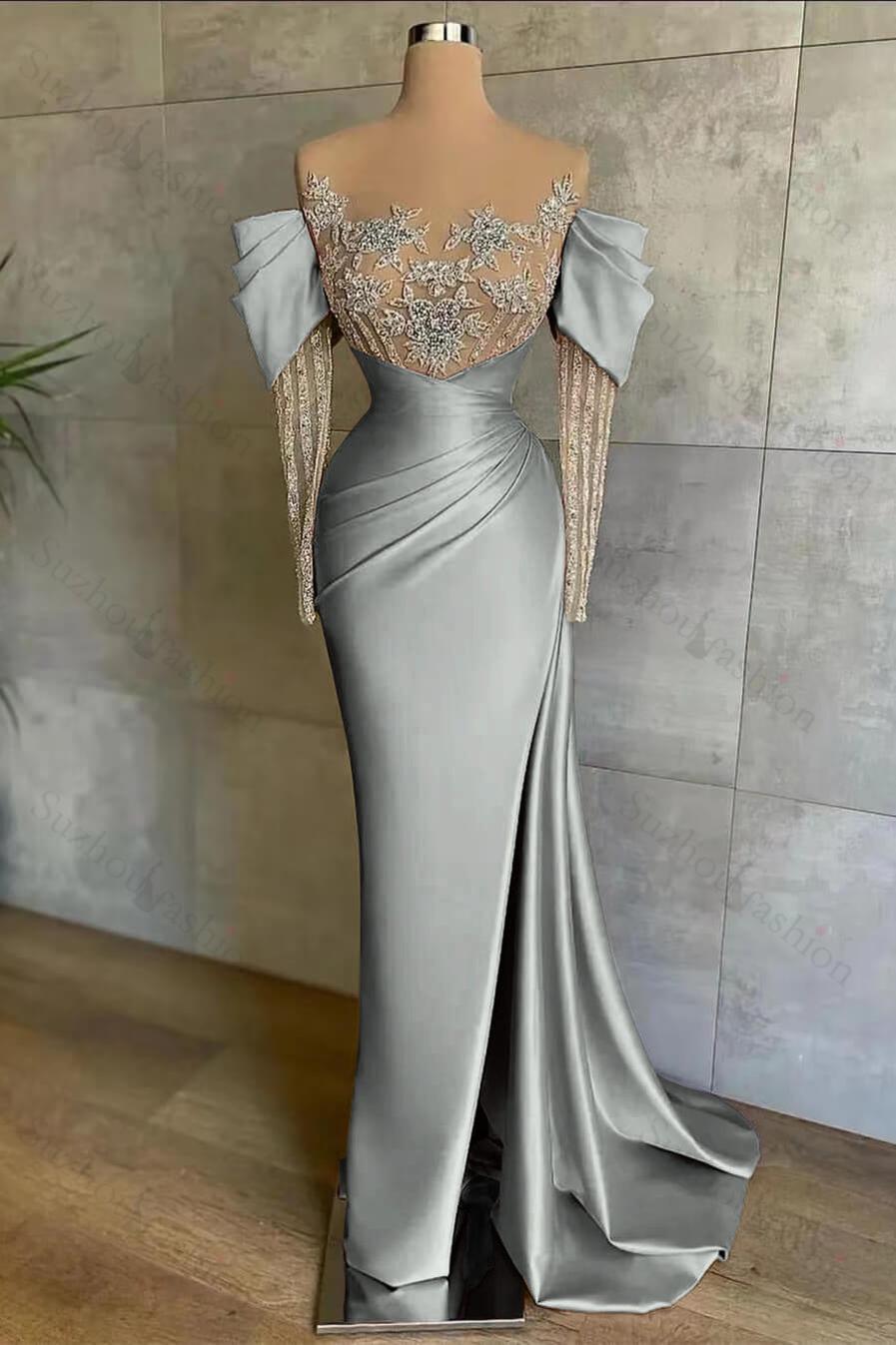 Pink Prom Dress Split Mermaid Long Sleeves Evening Formal Dress Beadings With Appliques Off the Shoulder