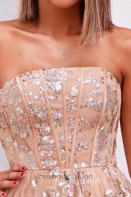 Pink Prom Dress Strapless A Line Beaded Lace Up Tulle Formal Dress With Appliques