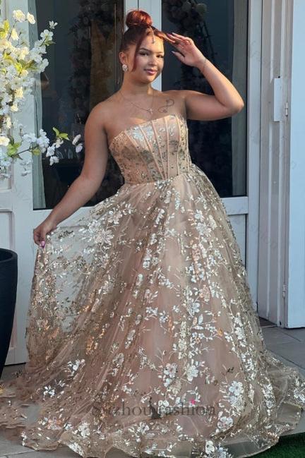 Pink Prom Dress Strapless A Line Beaded Lace Up Tulle Formal Dress With Appliques