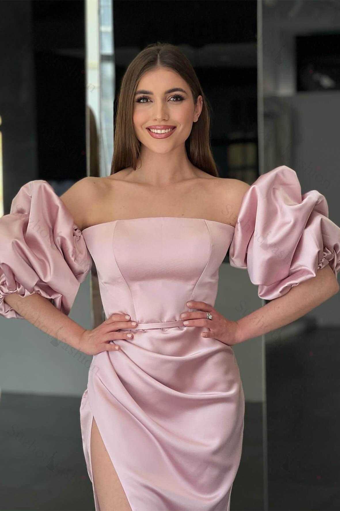 Pink Prom Dress Strapless Long Mermaid Evening Formal Dress Side Split With Detachable Sleeves