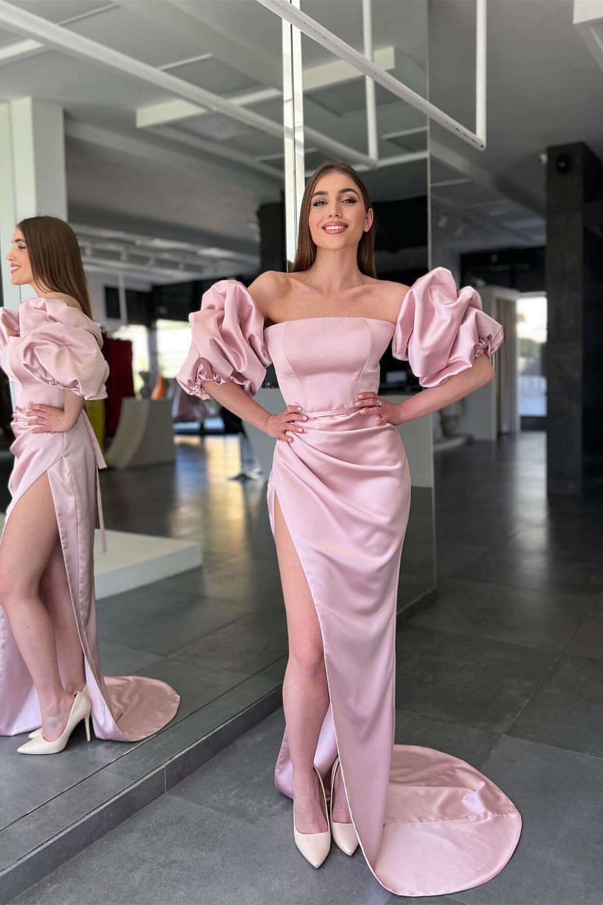 Pink Prom Dress Strapless Long Mermaid Evening Formal Dress Side Split With Detachable Sleeves