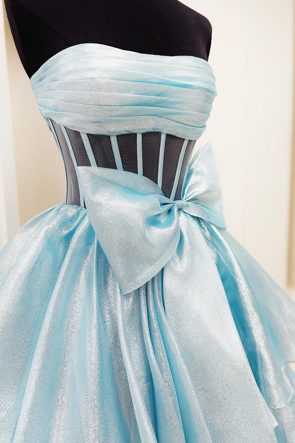 Pink Prom Dress Strapless Ruffled Long Formal Dress With Bow