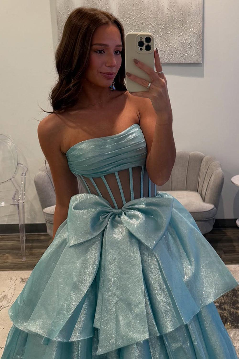 Pink Prom Dress Strapless Ruffled Long Formal Dress With Bow