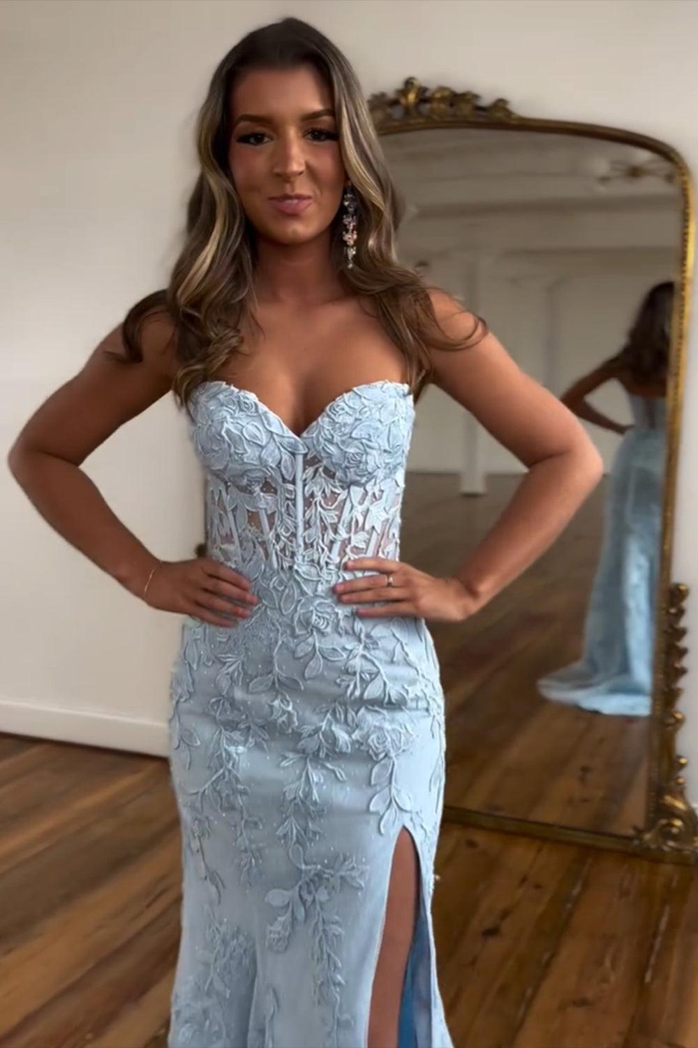 Pink Prom Dress Sweetheart Corset Long Lace Formal Dress With Slit