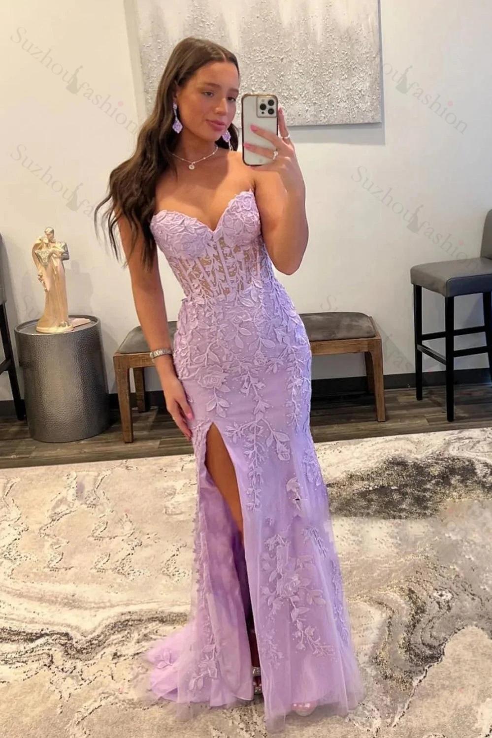 Pink Prom Dress Sweetheart Corset Long Lace Formal Dress With Slit