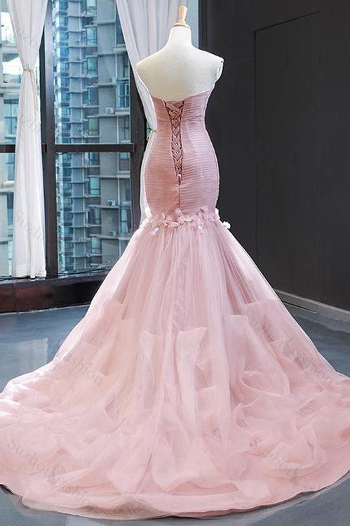 Pink Prom Dress Sweetheart Mermaid Sleeveless Evening Formal Dress With Tulle Ruffles