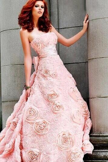 Pink Rose Strapless Wedding Gowns A-line Bow Sweep Train Romantic Bridal Dresses