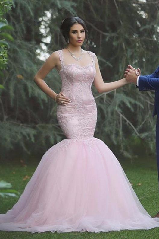 Pink Sexy Mermaid Sleeveless Tulle Long Applique Wedding Dresses