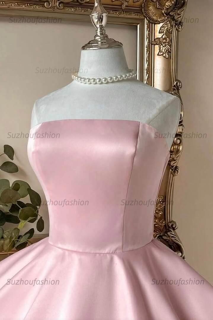 Pink Strapless A-Line Mini Homecoming Dress Satin Bow & Tulle Ruffle Hem