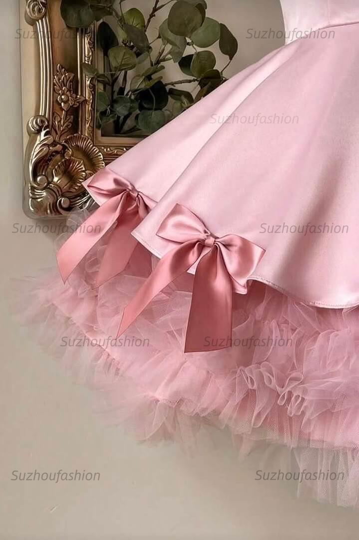 Pink Strapless A-Line Mini Homecoming Dress Satin Bow & Tulle Ruffle Hem