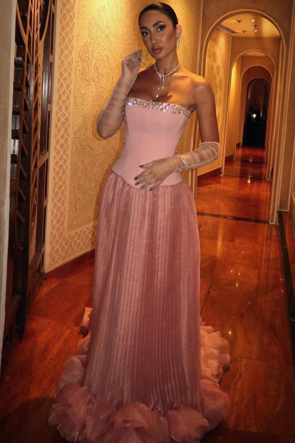 Suzhoufashion Pink Strapless Corset Prom Dress With Beaded Bodice And Tulle Skirt Formal Evening Gown