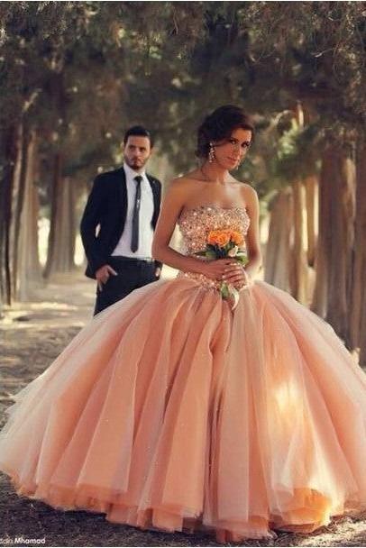 Pink Tulle Ball Gown Wedding Dresses  Sweetheart Vestidos De Novia Bridal Gowns With Rhinestones