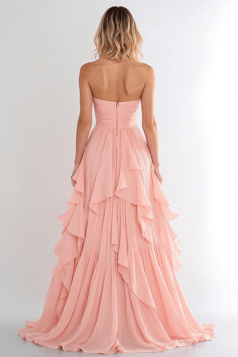 Pink Wedding Guest Dress A Line Sweetheart Chiffon Long Prom Dress With Ruffles