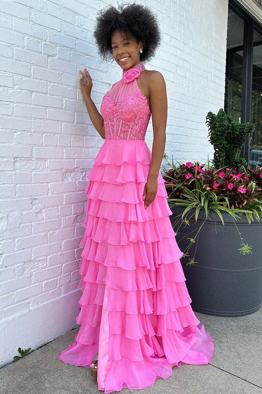 Pink A-Line Halter Neck Lace Top Long Tiered Chiffon Prom Dress - View 3 | VelvetHem
