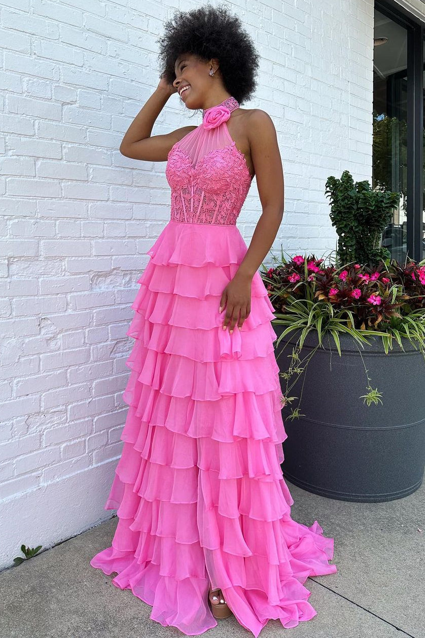 Pink A-Line Halter Neck Lace Top Long Tiered Chiffon Prom Dress - View 4 | VelvetHem